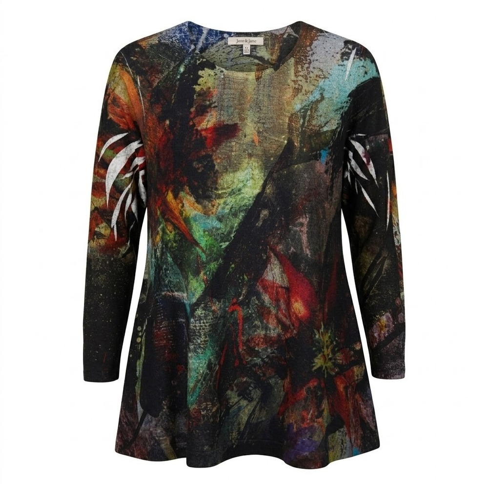 Jess & Jane Abstract Art Print Tunic Top XL Multi Color Long Sleeve USA - CJ